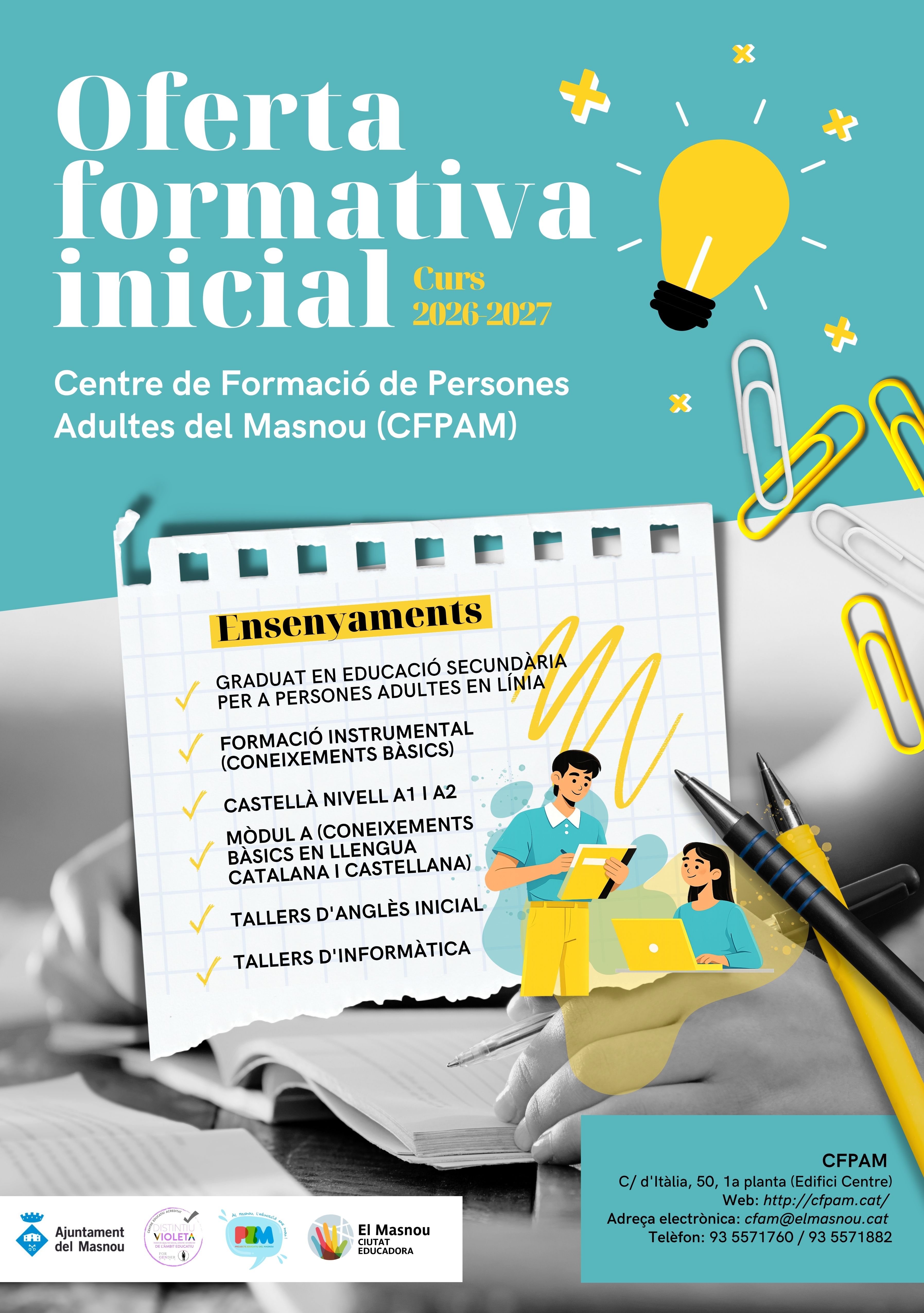 Matr&iacute;cula al Centre de Formaci&oacute; de Persones Adultes del Masnou (CFPAM), curs 2026-2027