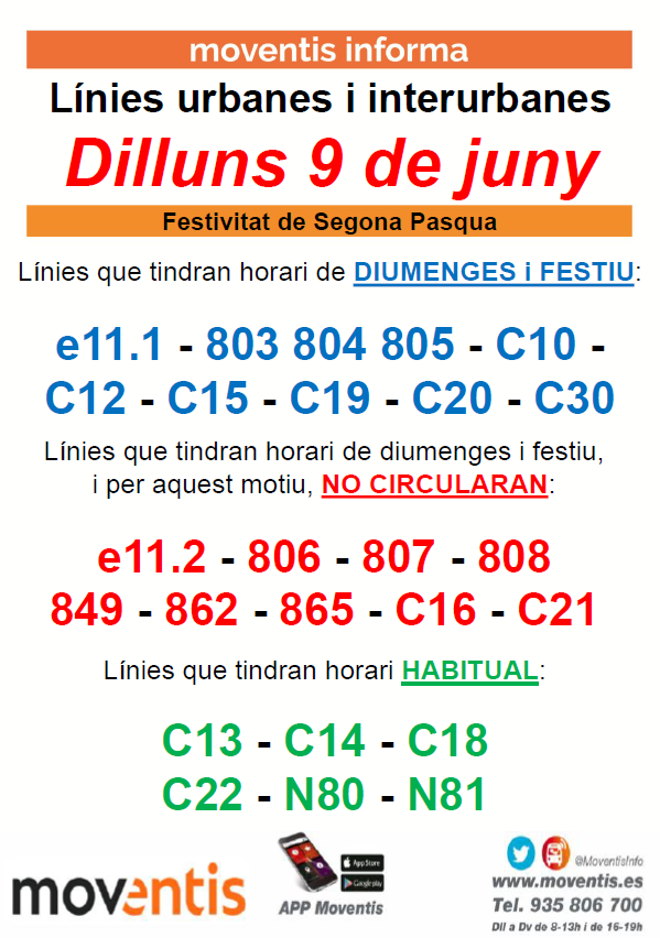 Canvis en els horaris d'autobusos per la Segona Pasqua: dilluns 9 de juny
