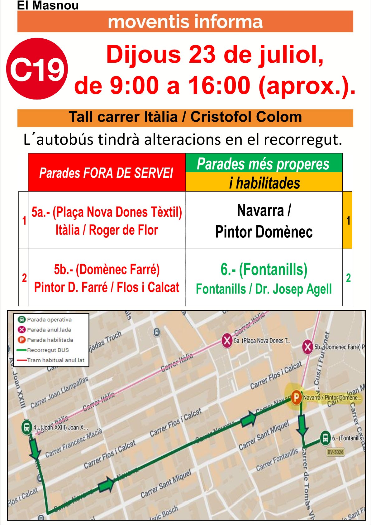 Cartell desviaci&oacute; bus C19