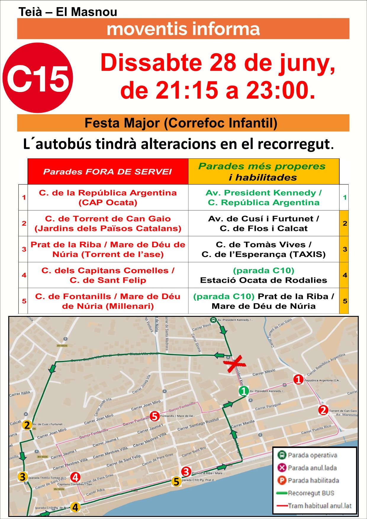 Avís desviació bus C15, el 28 de juny.