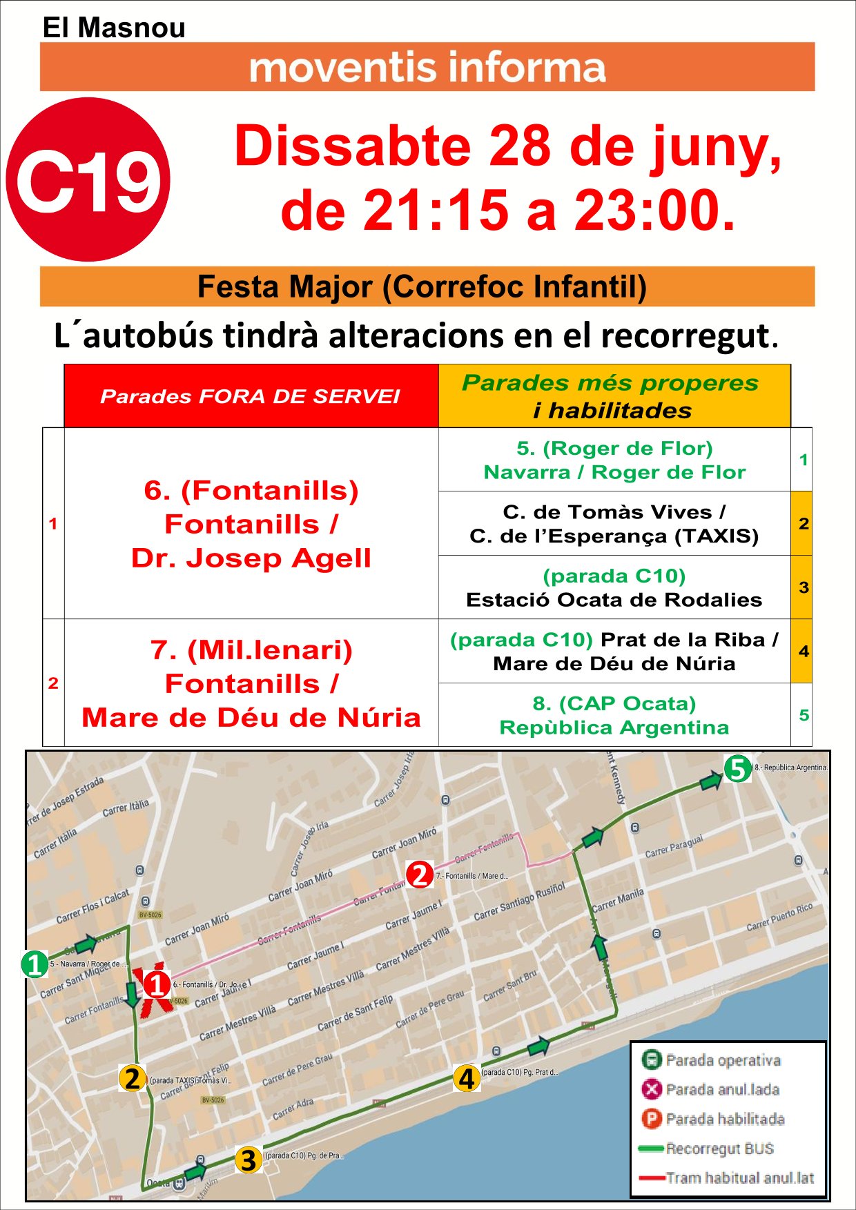 Avís desviació bus C19, el 28 de juny.