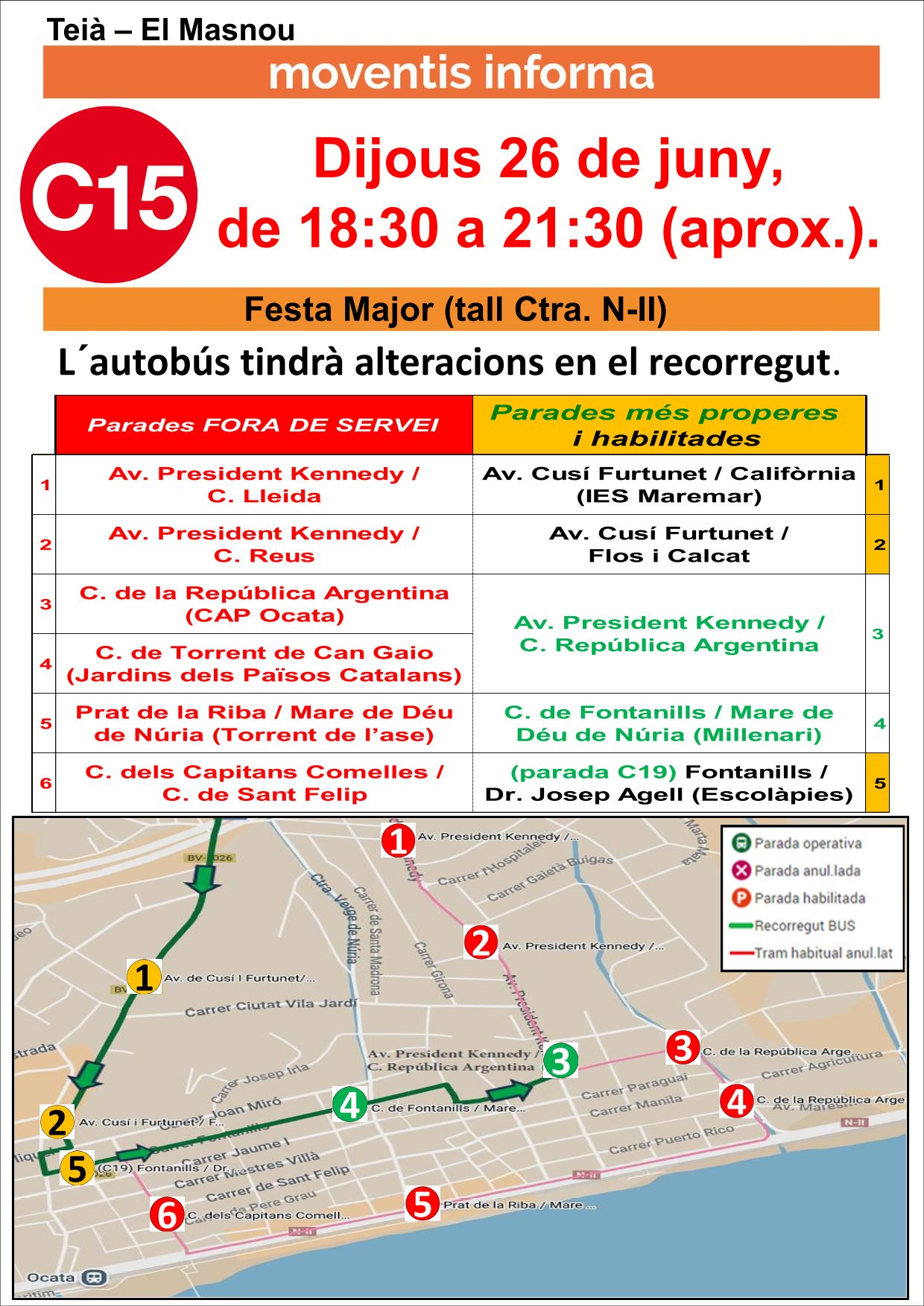 Avís desviació bus C15 i parades alternatives