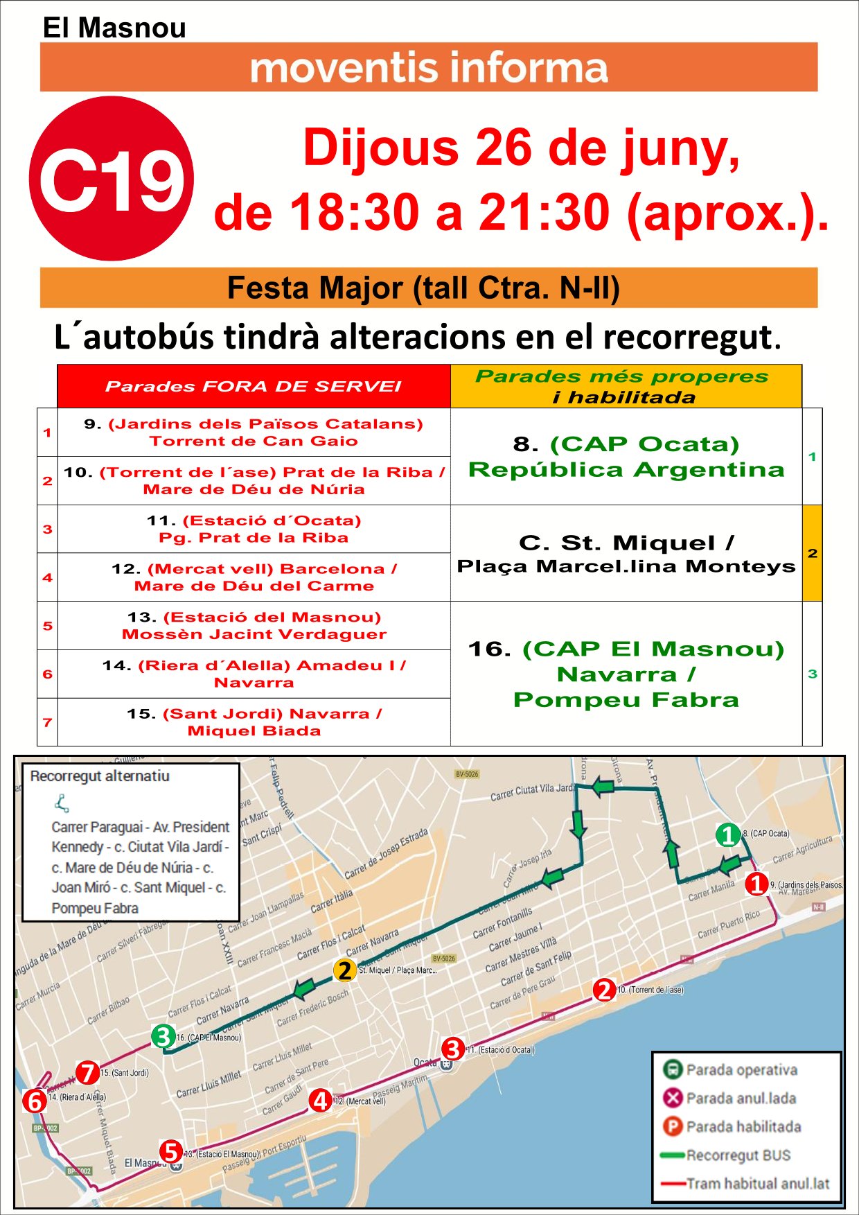 Avís desviació bus C19 i parades alternatives