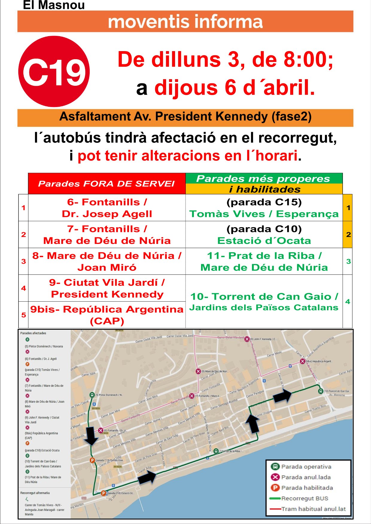 Avís desviament bus c19, dies 3 i 4 d'abril.
