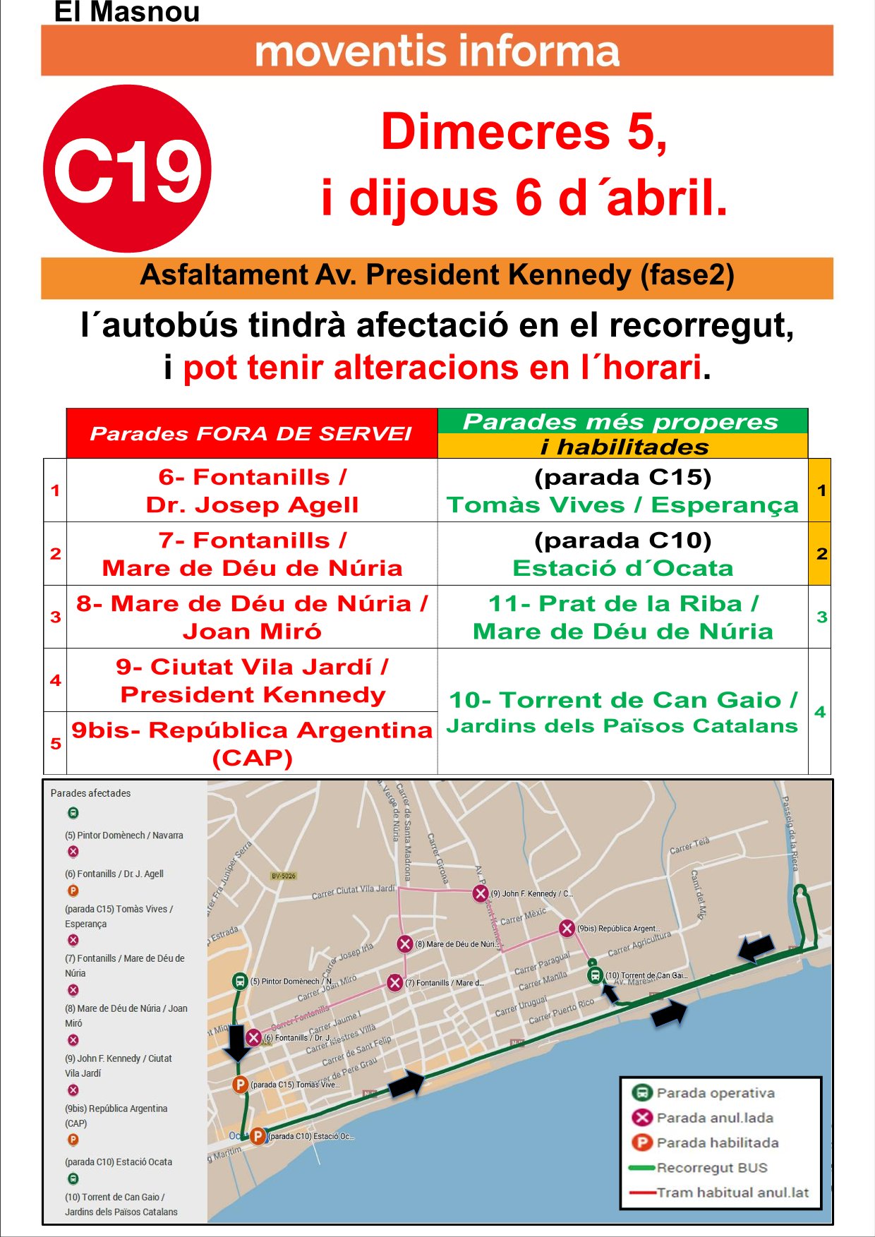 Avís desviament bus c19, dies 5 i 6 d'abril.