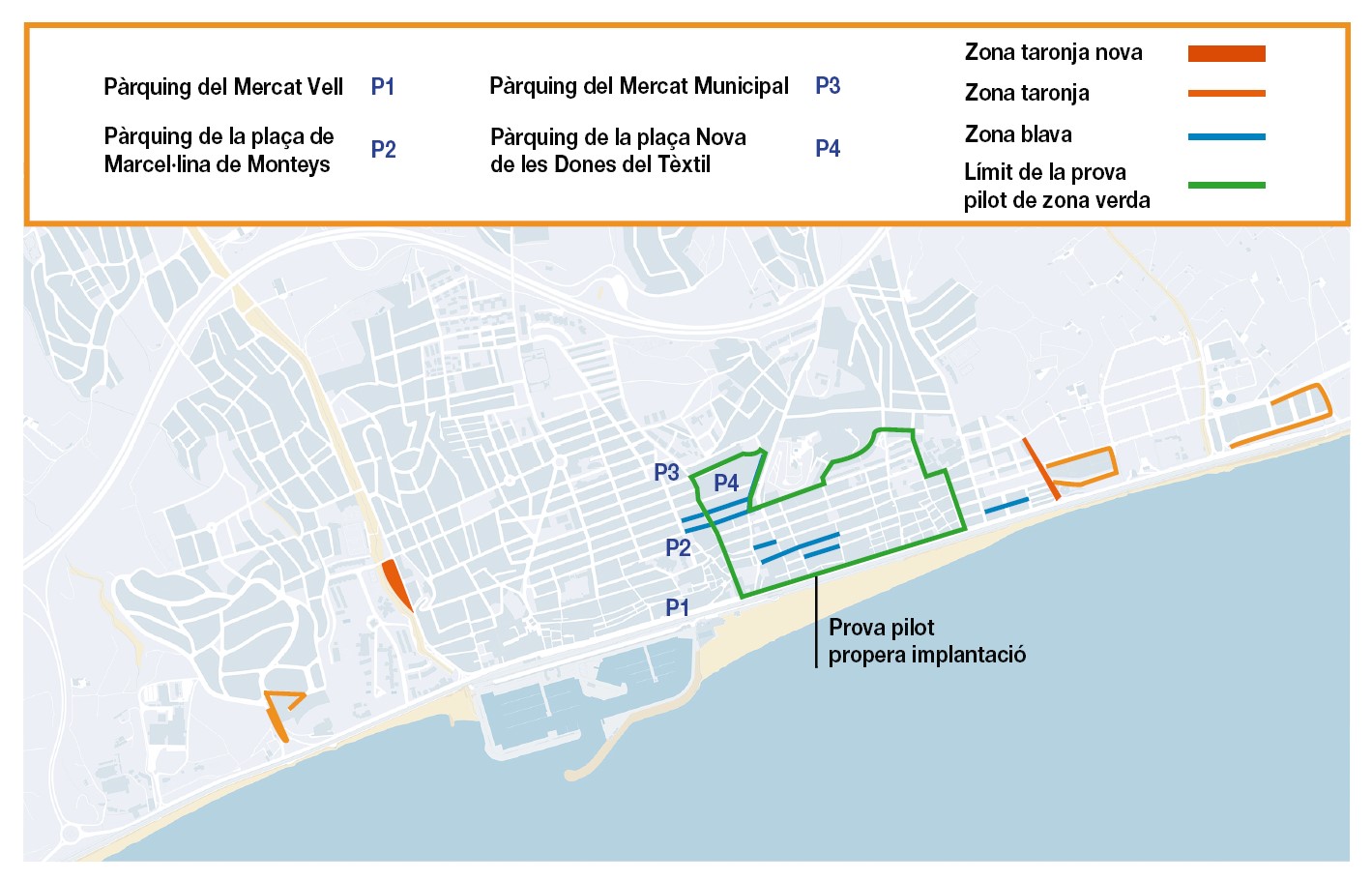 Plànol amb les zones d'estacionament regulat a la via pública i els aparcaments públics soterrats.