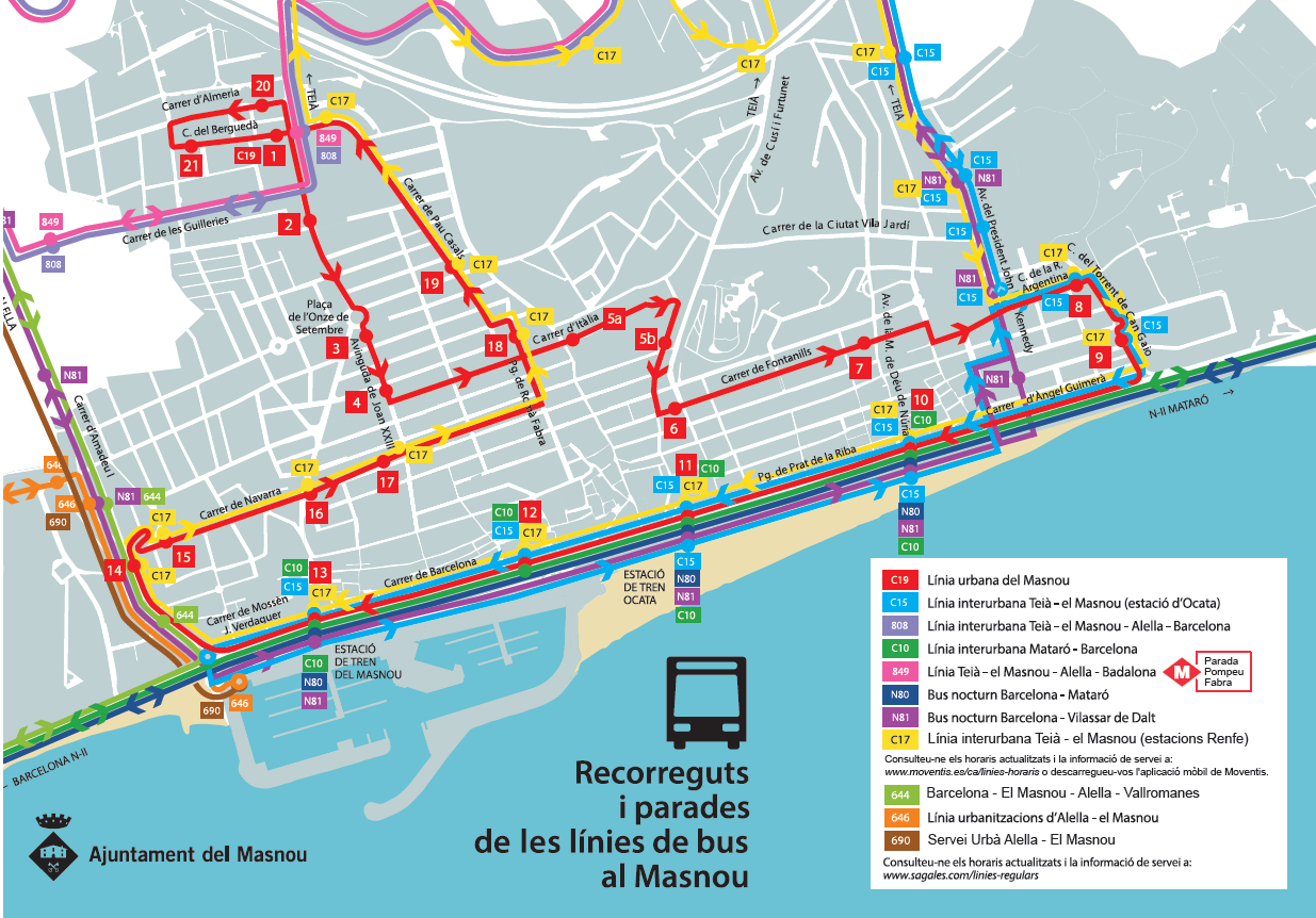 Mapa del recorregut de les línies d'autobús al Masnou.