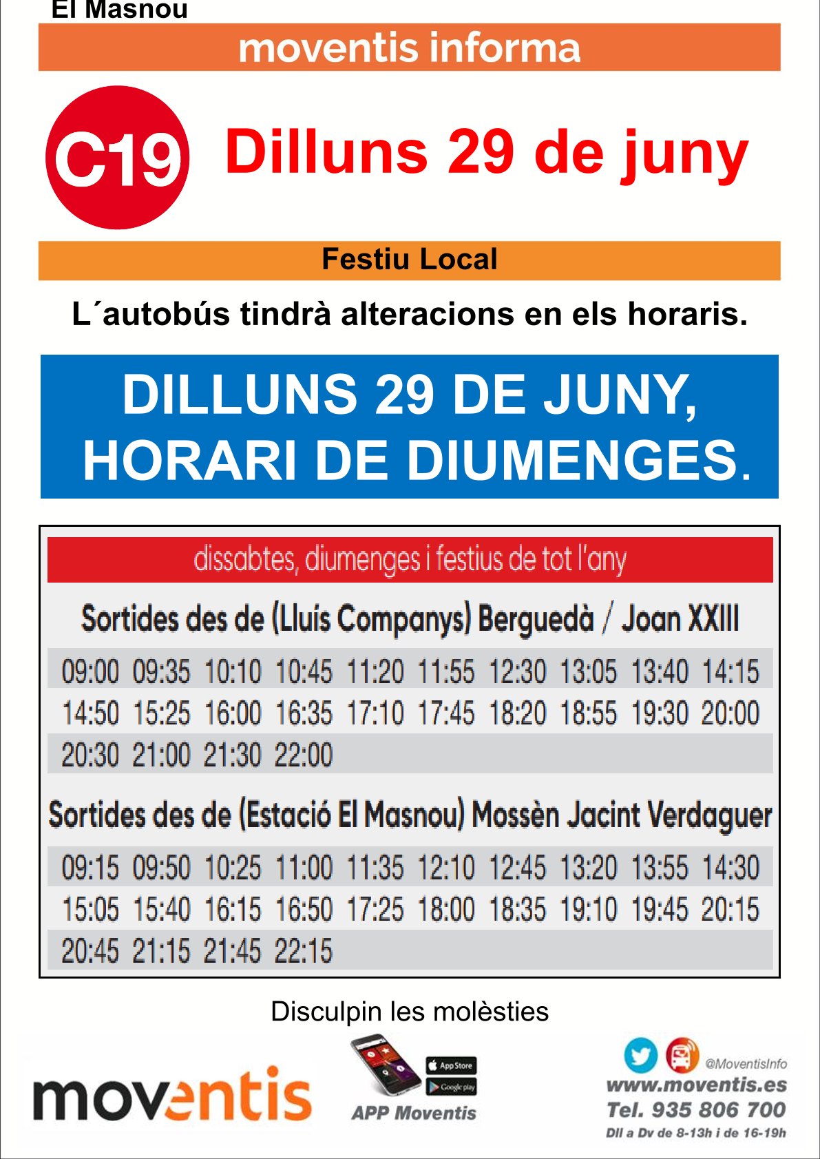 Av&iacute;s. Horari del bus C19 el 29 de juny.