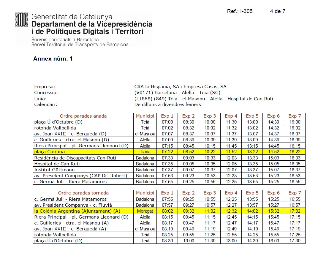 Horaris de la línia 849. A partir del 4 de juliol del 2022.